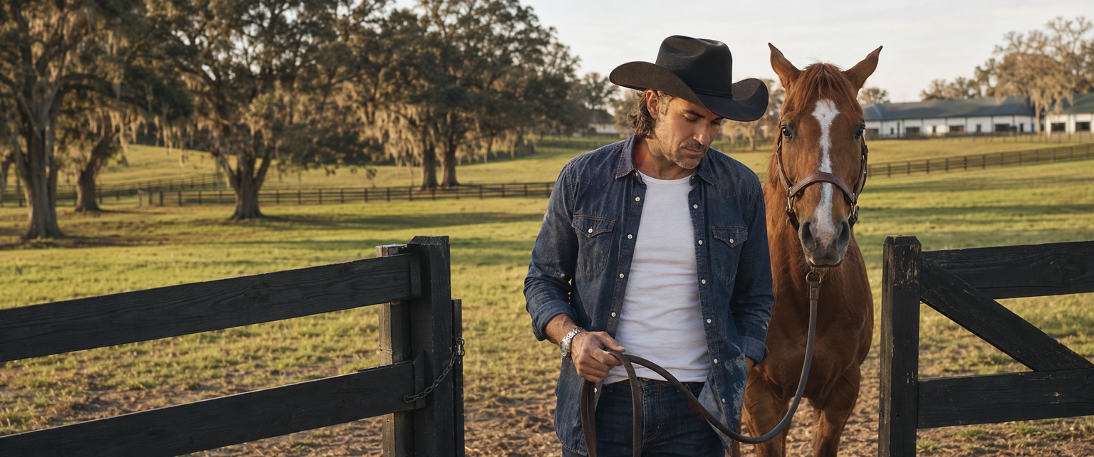 Saif Mouilish wearing a cowboy hat beside a horse at a wooden pasture fence